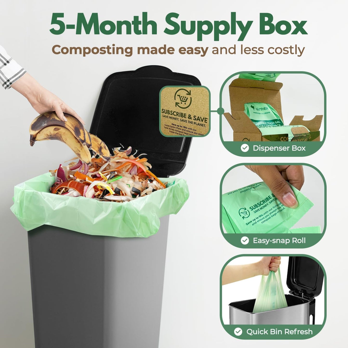 50 Count Compost Bags for Countertop Bin - 13 Gallon Compostable Trash Bags made of Cornstarch - Leakproof & Tear Resistant Biodegradable Trash Bags - OK Compost Home & Seedlings Certified