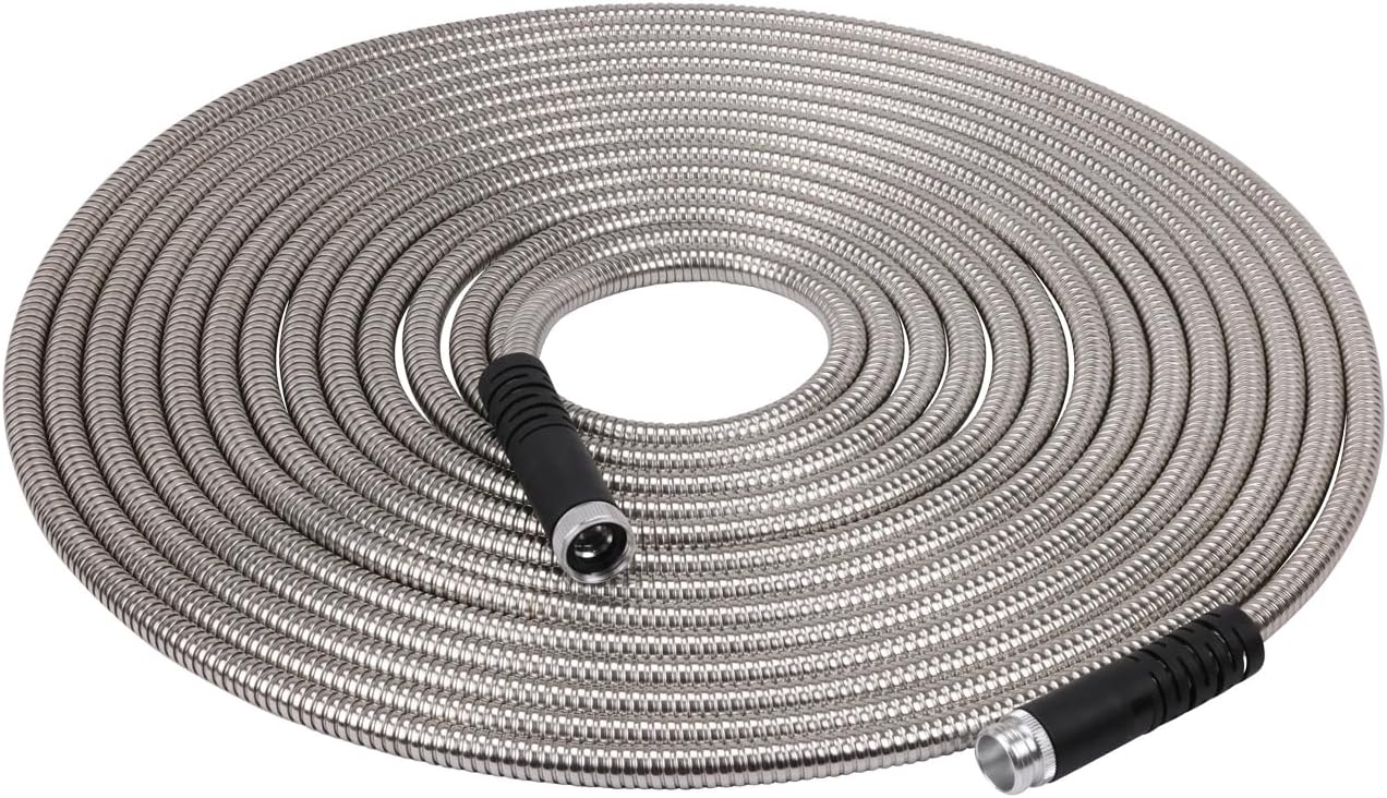 Melnor 97051AMZ XT Stainless Steel Garden Hose 5/8" x 50ft - Kink-Free - Lightweight - Rubberized Grips - Metal Twist Nozzle - Ultra Durable - Silver/Black
