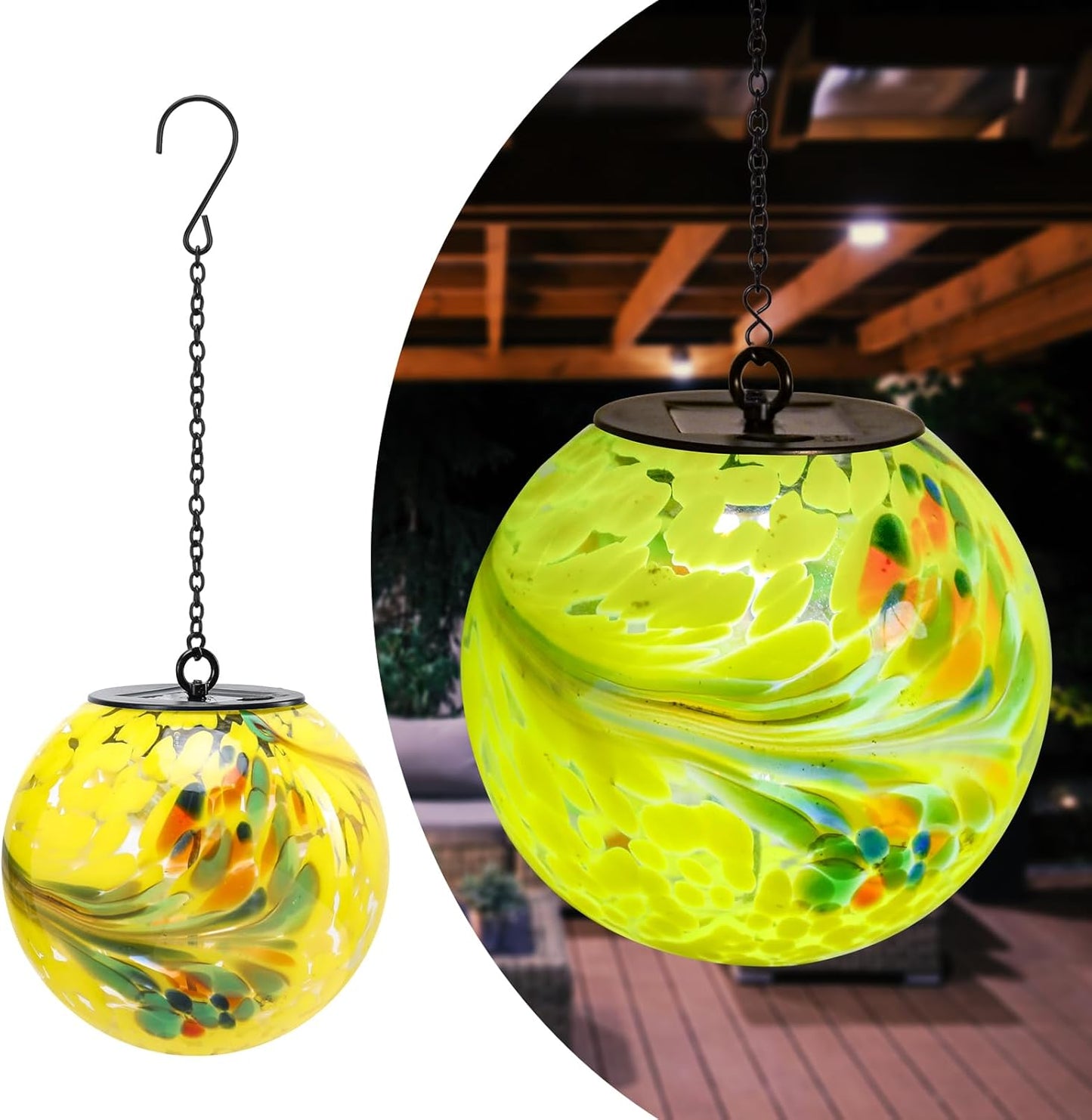 Solar Hanging Lanterns Outdoor Solar Glaze Glass Lantern Gazing Ball Globe Hanging Outdoor Lights for Garden Yard Home Decoration Yellow
