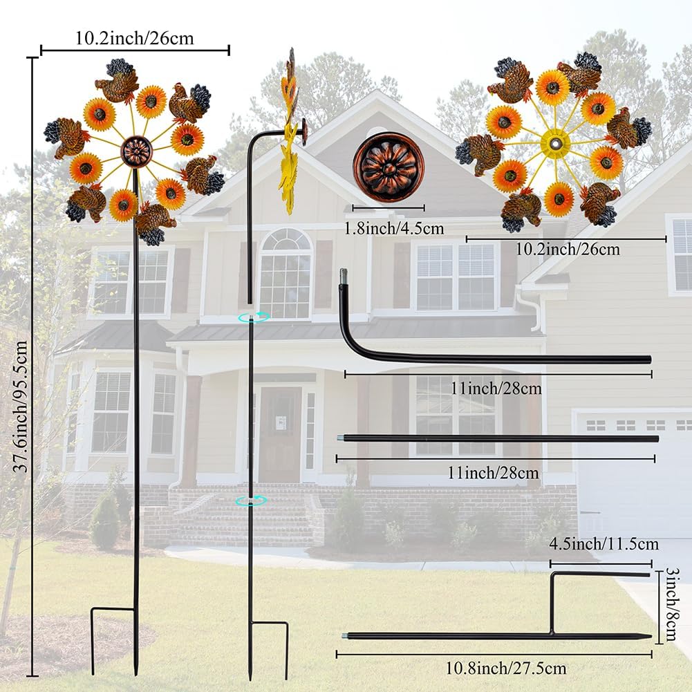 VEWOGARDEN 2PCS Wind Spinners Outdoor, Metal Wind Spinners with Sunflower and Hen Design for Yard Garden Lawn Thanksgiving Decorations