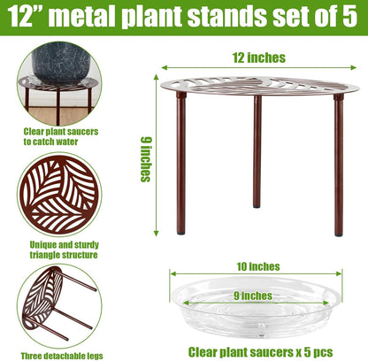 5-Pack 12” Heavy-duty Metal Plant Stands Large Flower Pot Holder for Indoor Outdoor Rust-proof Iron Potted Planter Stand Modern Round Corner Stand Shelf for Living Room Patio Garden Yard, Brown