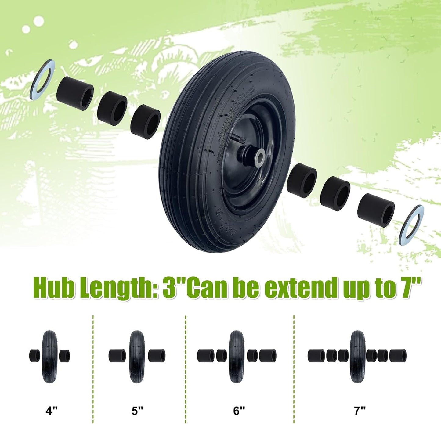 2-Pack 14.5-Inch Wheelbarrow Tire.3.50-8" Pneumatic Tires and wheels with 3"- 6" Center Hub and 3/4" Bushings for Wheelbarrow Lawn Mover Replacement.