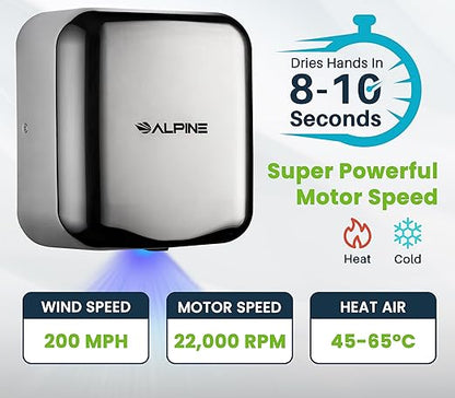 Alpine Automatic Hand Dryers for Bathrooms Commercial High Speed 110-120V Stainless Steel Electric Hand Dryer, Plug In & Hardwire Options with Air Filter, ADA & UL Compliant & 5 Years Coverage(Chrome)