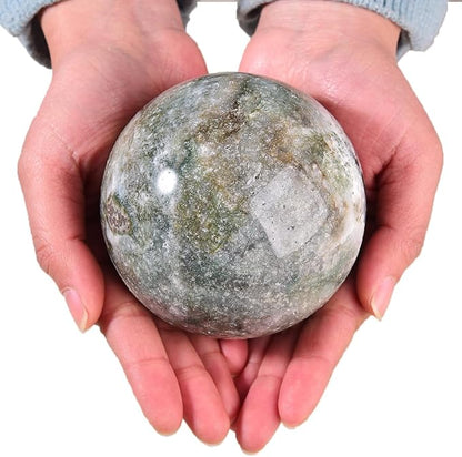 Large Moss Agate Crystal Sphere Natural Healing Crystal Ball with Stand Meditation Decorative Balls Home Decor 90-100mm/3.5-3.9"