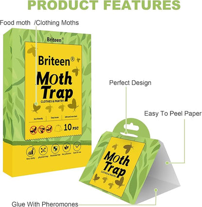 Pantry Moth Traps 10-Pack Safe and Effective for Food and Clothing- Glue Traps with Pheromones for Wool Closet Carpet Food and Cupboard K02