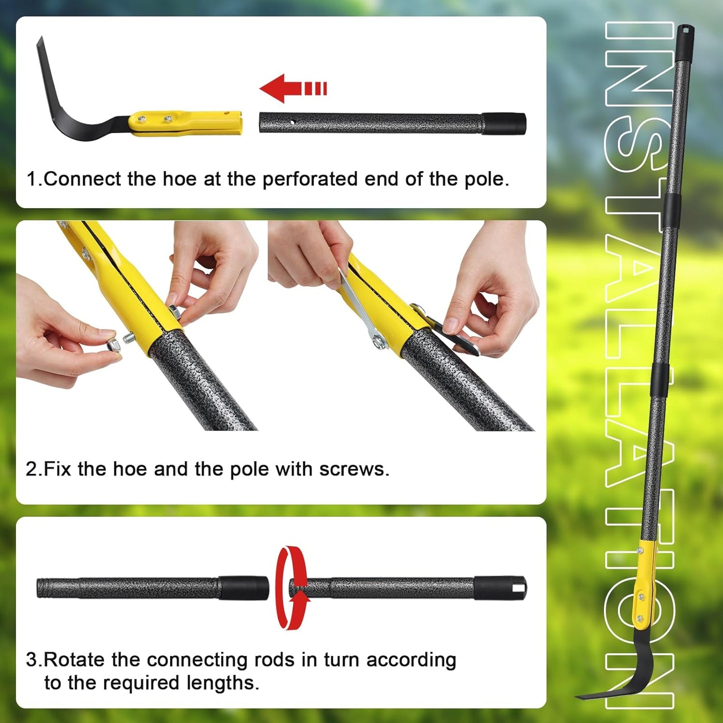Hoe Garden Tool, 79" L Shape Sickle Garden Tool with Double-Edged Blade and Adjustable Long Handle, Heavy Duty Crack Crevice Weeding Hoe for Weeding, Loosening Soil, Trenching
