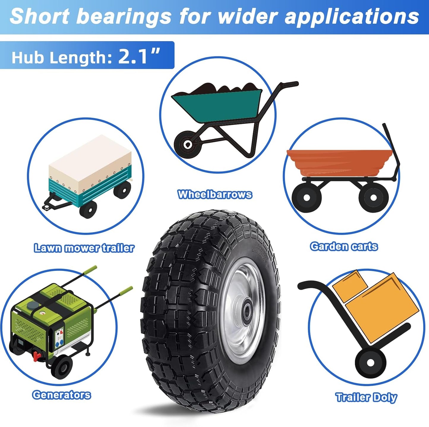 12'' Flat Free Tires Rubber Replacement Solid Tire and Wheel Assemblies for Hand Trucks Garden Cart Wheelbarrow - 3.5”Wide Polyurethane Tires 2.1 Hub with 5/8 Inch Axle Borehole Silver