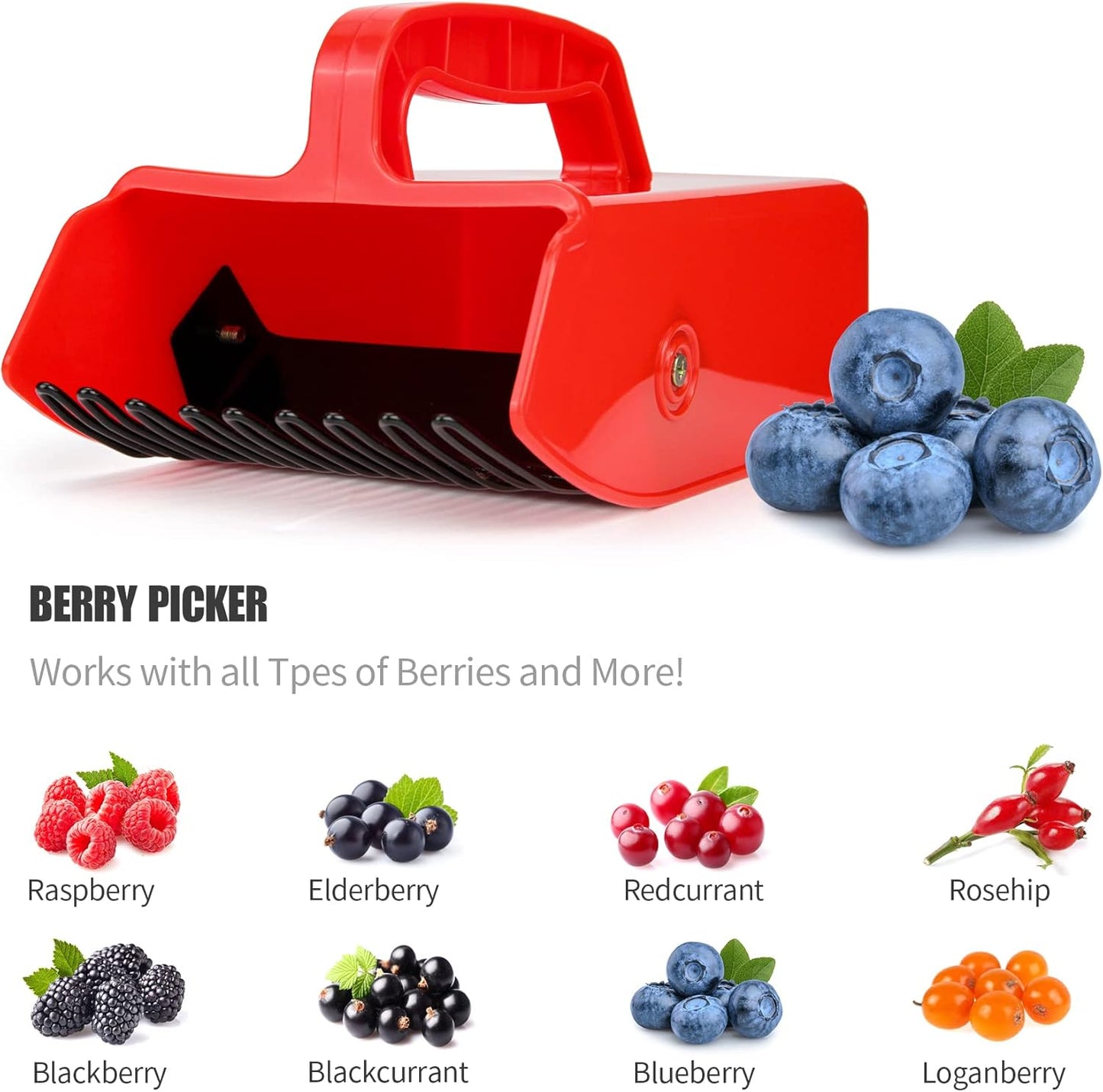 Domiella Blueberry Picker with Metallic Comb and Handle, Easier Berry Picking Harvest Tool,Berry Picker Rake Scoop for Blueberries Lingonberries Huckleberries, Red Handle