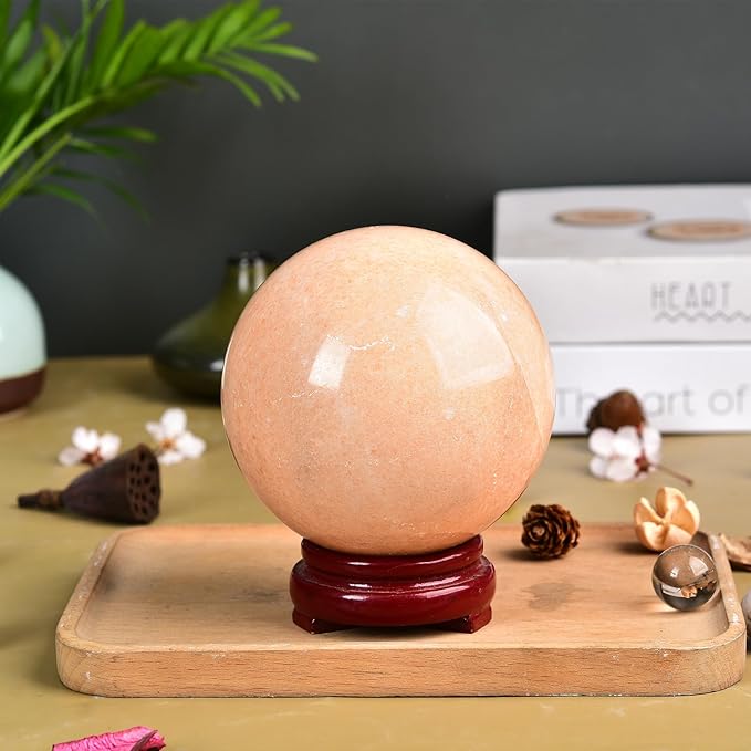 JIC Gem Natural Sunstone Sphere Ball with Wooden Stand for Fengshui Rare Healing Crystal Ball Decoation Meditation Energy Reiki Ball (90-100mm)