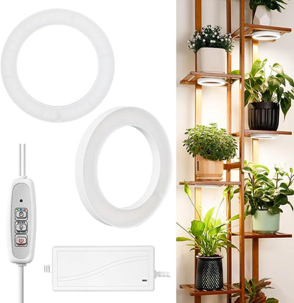 LORDEM 6.3” Ceiling Grow Light for Indoor Plants, 144 LEDs Full Spectrum Halo Grow Lamp, Under Cabinet Plant Lamp with 4/8/12H Auto Timer, 4 Dimmable Brightness Levels, Ideal for Pot Plants, Dual Head