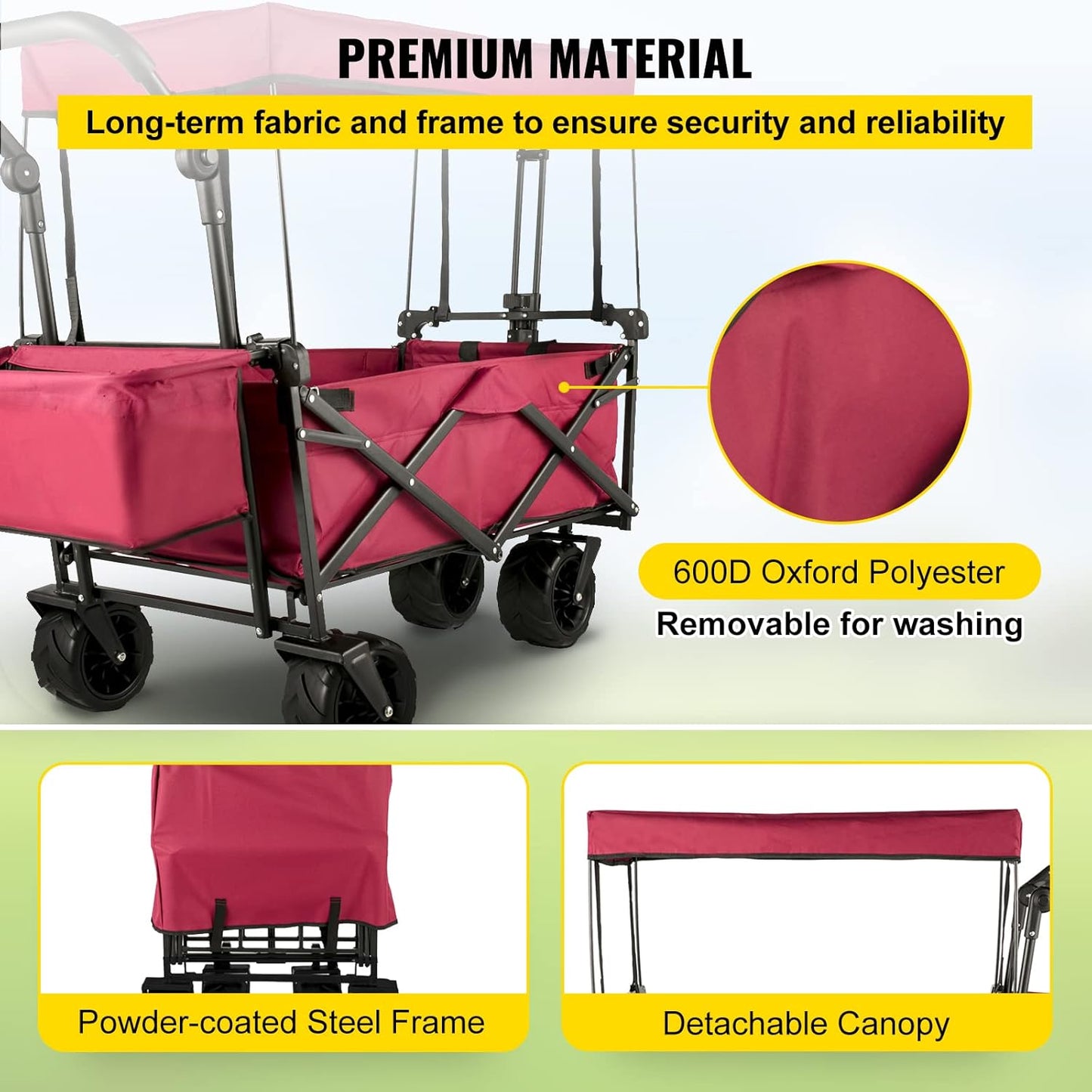 Happbuy Collapsible Wagon with Removable Canopy, 220lbs Heavy Duty Foldable Beach Wagon with Big Wheels
