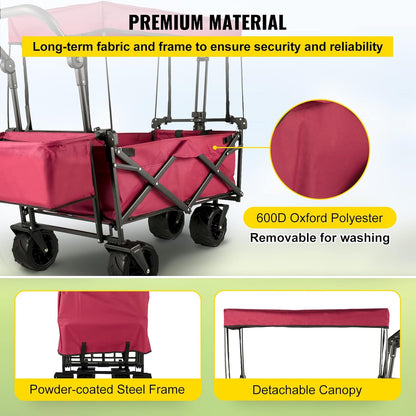 Happbuy Collapsible Wagon with Removable Canopy, 220lbs Heavy Duty Foldable Beach Wagon with Big Wheels