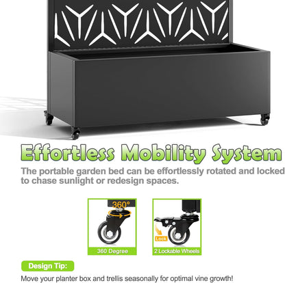 15.7"×70.9"×35.4" Metal Raised Garden Bed with Trellis and Wheels - Tall Trellis Planter Box for Climbing Plants, Vegetables & Vines - Outdoor Privacy Planters for Patio (Black-Star)
