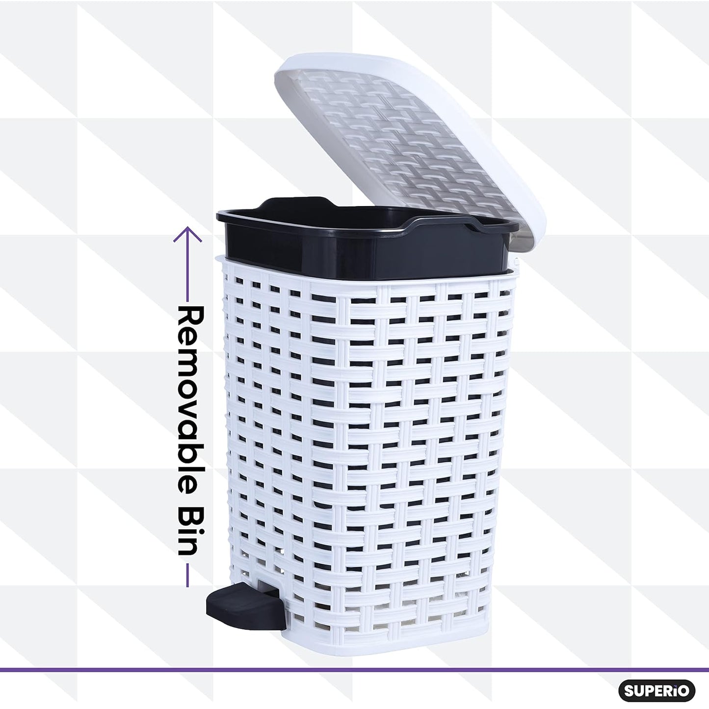 Superio Small Outdoor Trash Can with Lid for Dog Poop 6.8 Gallon/26 L Plastic Step On Garbage Can with Foot Pedal for Bathroom, Bedroom, Office, Patio, Wicker White