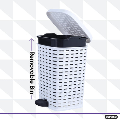 Superio Small Outdoor Trash Can with Lid for Dog Poop 6.8 Gallon/26 L Plastic Step On Garbage Can with Foot Pedal for Bathroom, Bedroom, Office, Patio, Wicker White