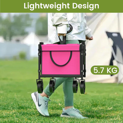 Collapsible Wagon with Wheels, 220 lbs Wagons Carts Foldable Wagon Cart with Flexible Handle, Lightweight Portable Folding Utility Grocery Shopping Cart for Grocery Sports Garden Camping, Pink