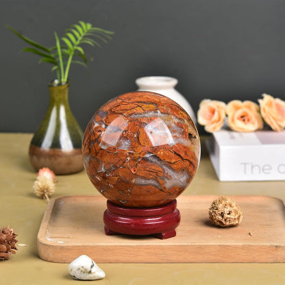 JIC Gem Natural Healing Crystal Sphere Ball Yellow Agate Crystal Decorative Ball with Display Stand Chakra Meditation Fengshui (80-90mm)