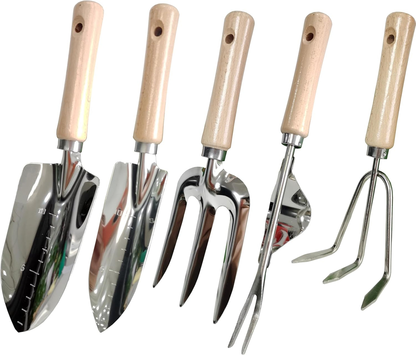 Garden Tools Set, 5 Piece Stainless Steel Hand Tool Kit with Ergonomic Wooden Handle, Heavy Duty Gardening Tools Include Hand Trowel, Transplant Trowel, Hand Rake, Hand Fork and Weeder