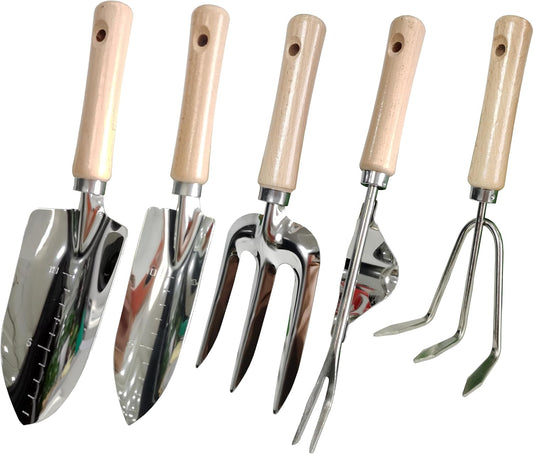 Garden Tools Set, 5 Piece Stainless Steel Hand Tool Kit with Ergonomic Wooden Handle, Heavy Duty Gardening Tools Include Hand Trowel, Transplant Trowel, Hand Rake, Hand Fork and Weeder