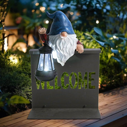 Garden Gnome Statues Outdoor Decor, Solar Gnome Sculpture Holding Lanterns Garden Gnomes Outdoor Decorations with Welcome Fence Base for Patio, Lawn, Yard Ornaments, Housewarming Gifts