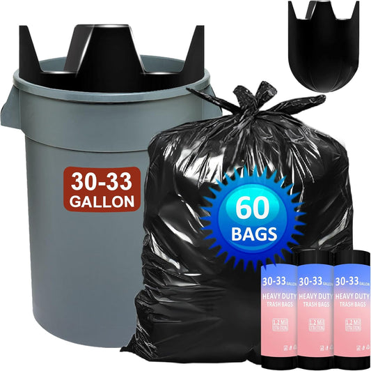 30-33 Gallon 1.1 Mil Heavy Duty Trash Bags 60 Count with 4 Innovative Flap Ties | Compatible with