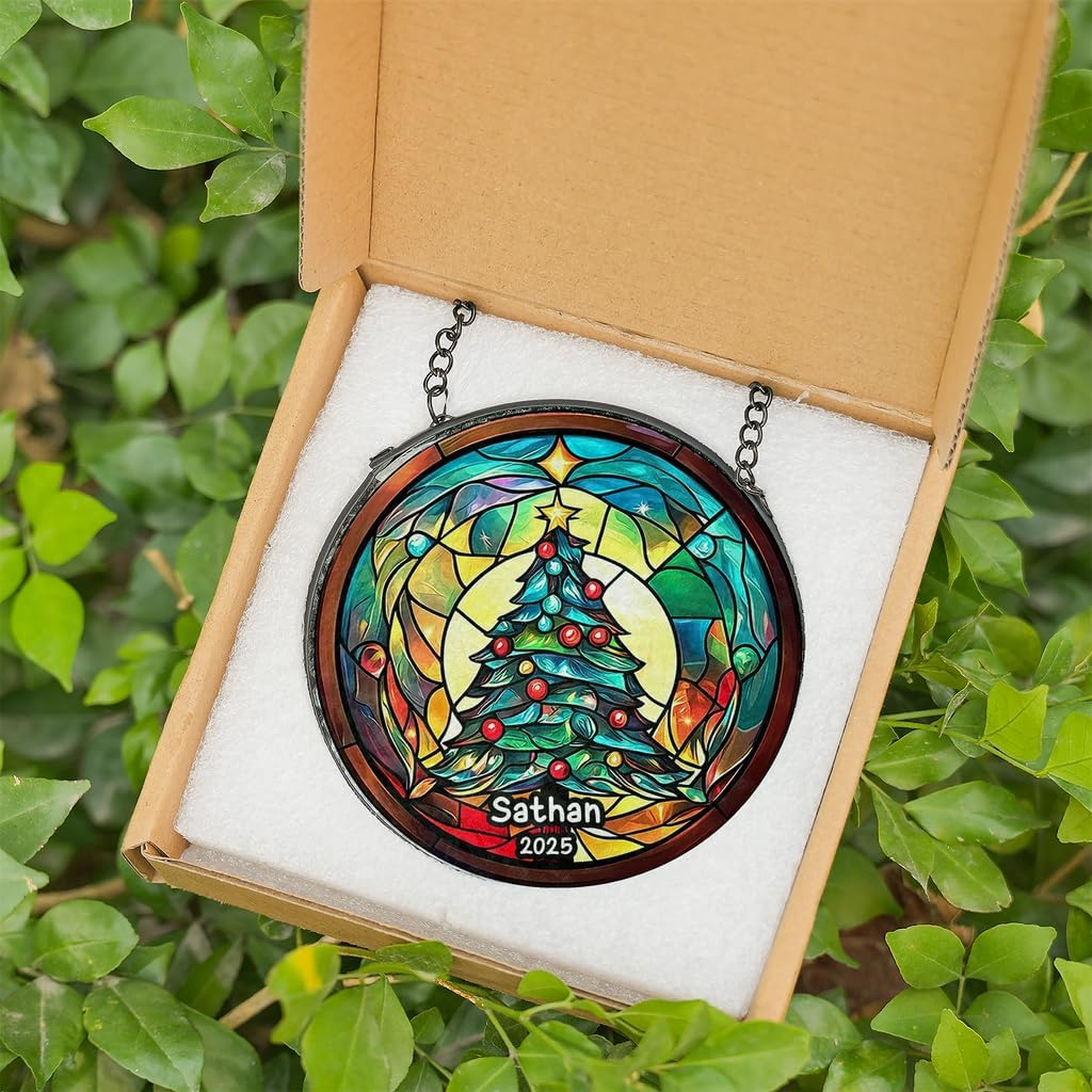 Personalized Stained Glass Christmas Tree Suncatcher, Christmas Handcraft Holiday Ornament with Name and Number, Gift for Family or Friend, Gift for Décor