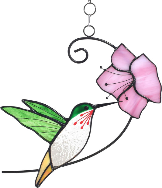 Lolitarcrafts Hummingbird with Flower Stained Glass Suncatcher Bird Stained Glass Window Hangings
