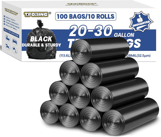 20-30 Gallon Trash Bags Black - 1.28 Mil Thick,30" x 35" Large Garbage Bags 100 Count，20+ Gallon