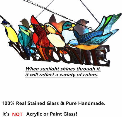 6 Birds Stained Glass Welcome Sign for Front Door Window Hanging Suncatcher, Handmade Tiffany Style Outdoor Welcome Signs Decor Gifts for Mom, Women, Bird Lovers, Bless This Home