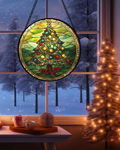 Stained Glass Window Hanging - Green Christmas Tree Gold Ribbon Suncatcher for Doors Home Christmas Decoration Sun Catcher Thanksgiving New Year Birthday Gifts for Women Men Mom Nana 6.3 in