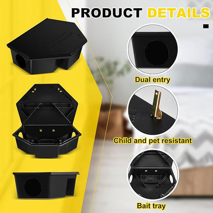 Qualirey 4 Pcs Rat Bait Station with Keys 13.58 x 8.98 x 3.35 Inch Rodent Station Rat Traps, Keeps Children and Pets Safe Indoor and Outdoor, Bait Not Included (Black)