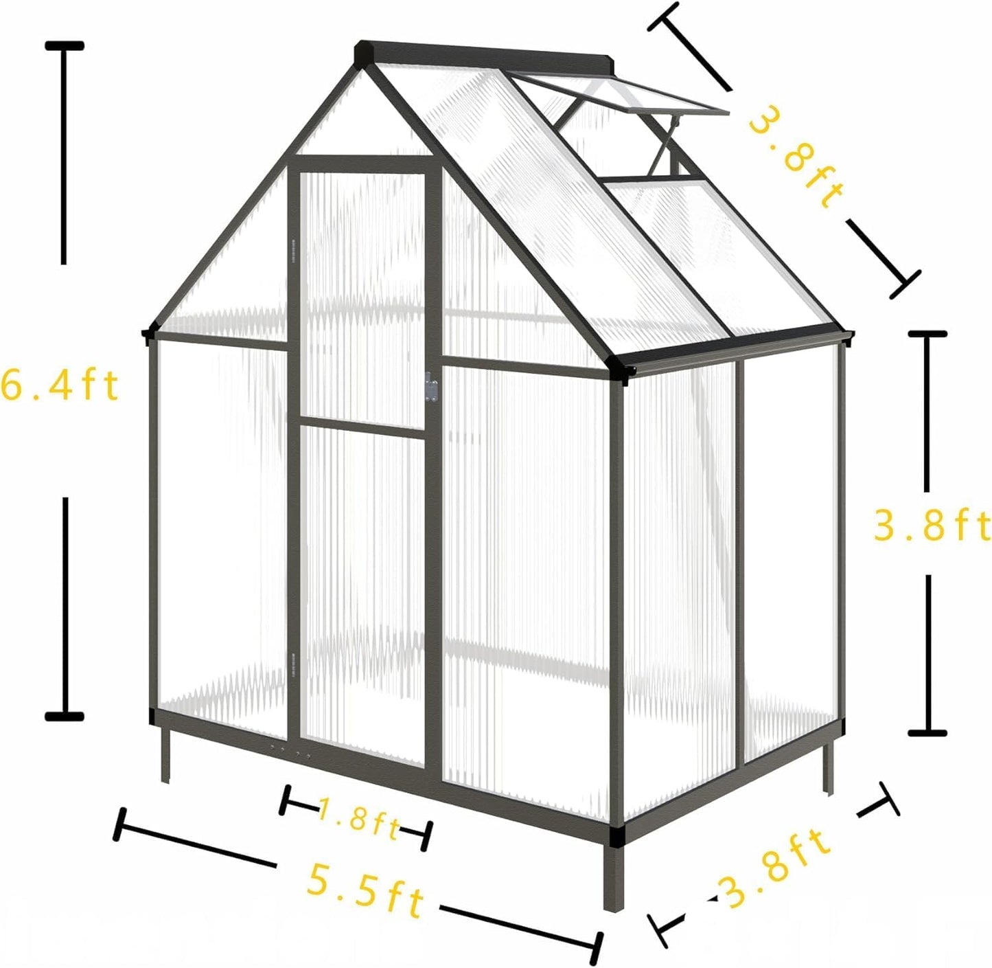 CQZY 6x4 FT Greenhouse for Outdoors, Polycarbonate Greenhouse with Quick Setup Structure and Roof Vent, Aluminum Large Walk-in Green House for Outside Garden Backyard, Dark Gray