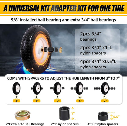 MZREXN 14.5" Wheelbarrow Tire Flat-Free 3.00/3.25/3.50/4.00-8" Solid Tire and Wheel with 3"-7" Centered Hub, 3/4" & 5/8" Bearings Replacement for Hand Truck/Dolly/Utility Cart/Garden Cart 1PCS White