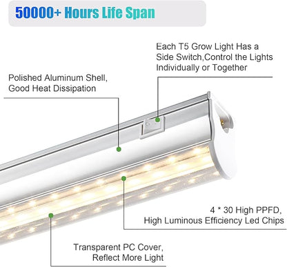 1FT Indoor Plant Grow Light, Full Spectrum Sunlight, T5 Grow Lamp with Side Switch, LED Grow Light Bulb, Plug and Play, Easy Installation, Suitable for Greenhouse Seedlings, 4 Pack