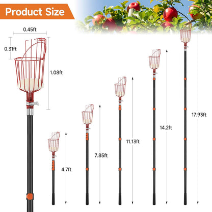 SAN LIKE Fruit Picker Tool 18FT Telescoping Fruit Picker Pole, Easy to Assemble Twist-On Apple Basket, Lightweight Aluminum Fruit Picking Equipment for Getting Fruits Apple Orange Pear Mangoes