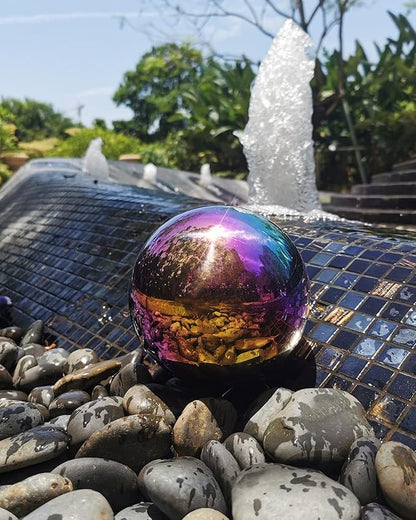 Rainbow Gazing Globe Mirror Ball in Stainless Steel, Shiny Hollow Sphere Sparkling Housewarming Outdoor Ornament (8 Inch)