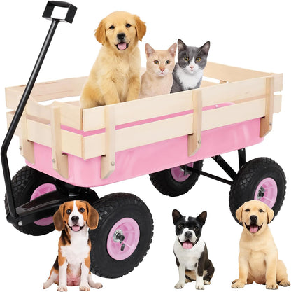 Outvita All-Terrain Cargo Wagon with 10'' Air Tires, Steel Structure Wagon with Removable Wooden Side Panels for Kids, Garden and Cargo, Up to 220lbs Capacity, 38'' L x 19'' W x 31'' H (Pink)