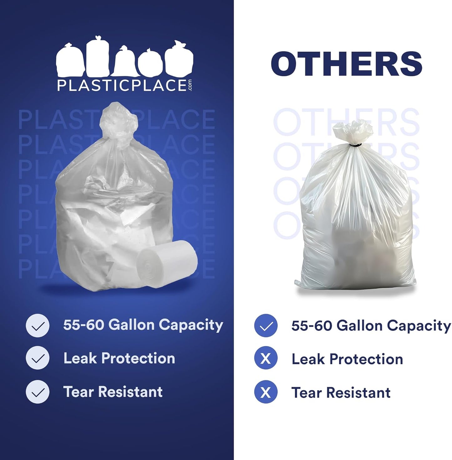 Plasticplace 55-60 Gallon Trash Bags, Heavy Duty Black Garbage Bags, 100 Count for Lawn, Yard, and Outdoor Waste Disposal, Ideal for Industrial Trash Cans, Contractors, and Home Improvement Projects