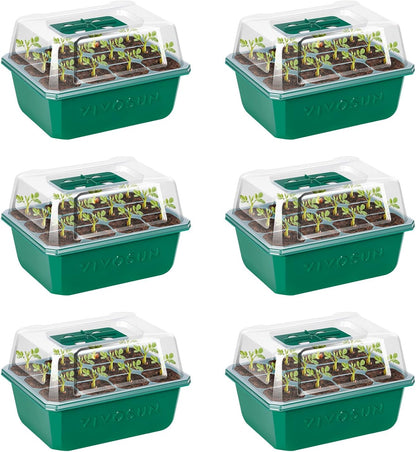VIVOSUN 6-Pack Seed Starter Trays, 72-Cell Seed Starter Kit with Humidity Dome, Flat Reusable Plant Germination Trays with Drain Hole, Green Propagation Tray for Planting Seeds