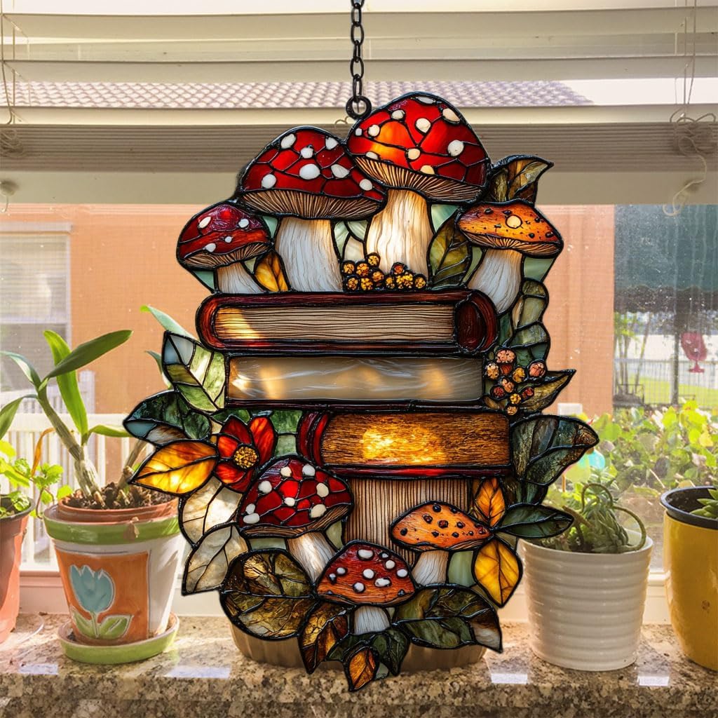 Forest Stack of Books Acrylic Suncatcher Stained Glass Effect Window Car Hanging Christmas Ornament Indoor Outdoor Decor Garden Sun Catcher Panel for Book Lover for Women Mom Grandma