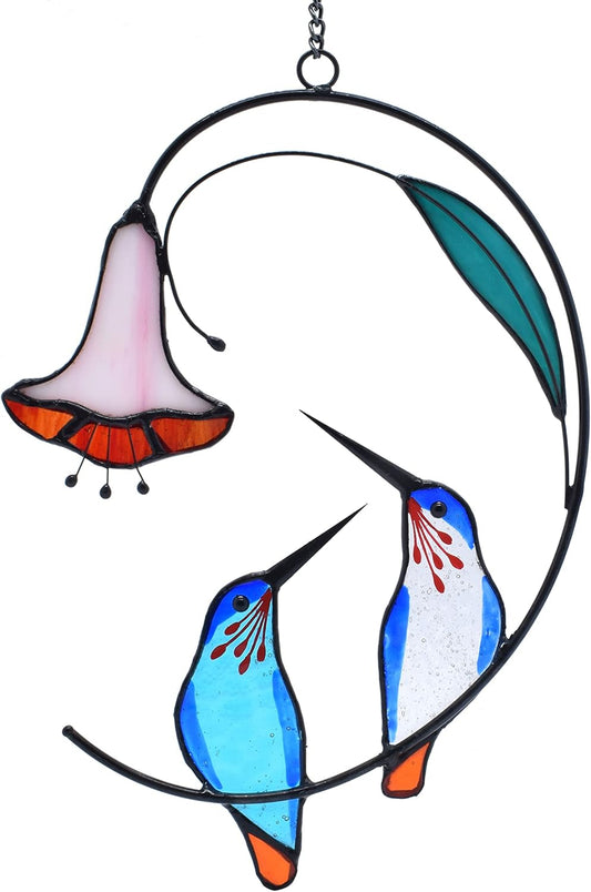 Lolitarcrafts Hummingbird with Flower Stained Glass Suncatcher Bird Stained Glass Window Hangings