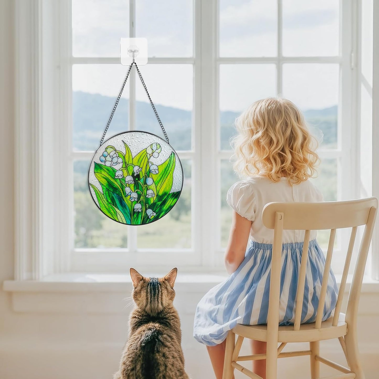 Suncatcher Stained Glass Window Hanging - Flowers Glass Panel with Metal Chain and Hooks Handmade Sun Catcher Decoration for Window Garden Home Christmas & Birthday Gifts (8 Inch)