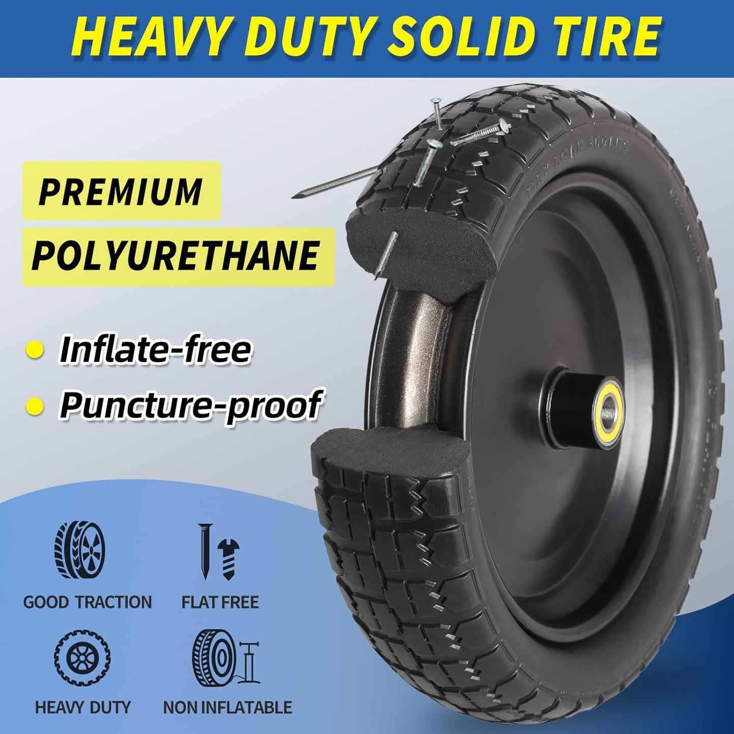 13" Flat-free Solid Tire and Wheel Replacement, with 5/8" Axle Bore Hole, 2.2" Offset Hub for Wheelbarrow Garden Wagon Trolley Dolly (4-pcs)