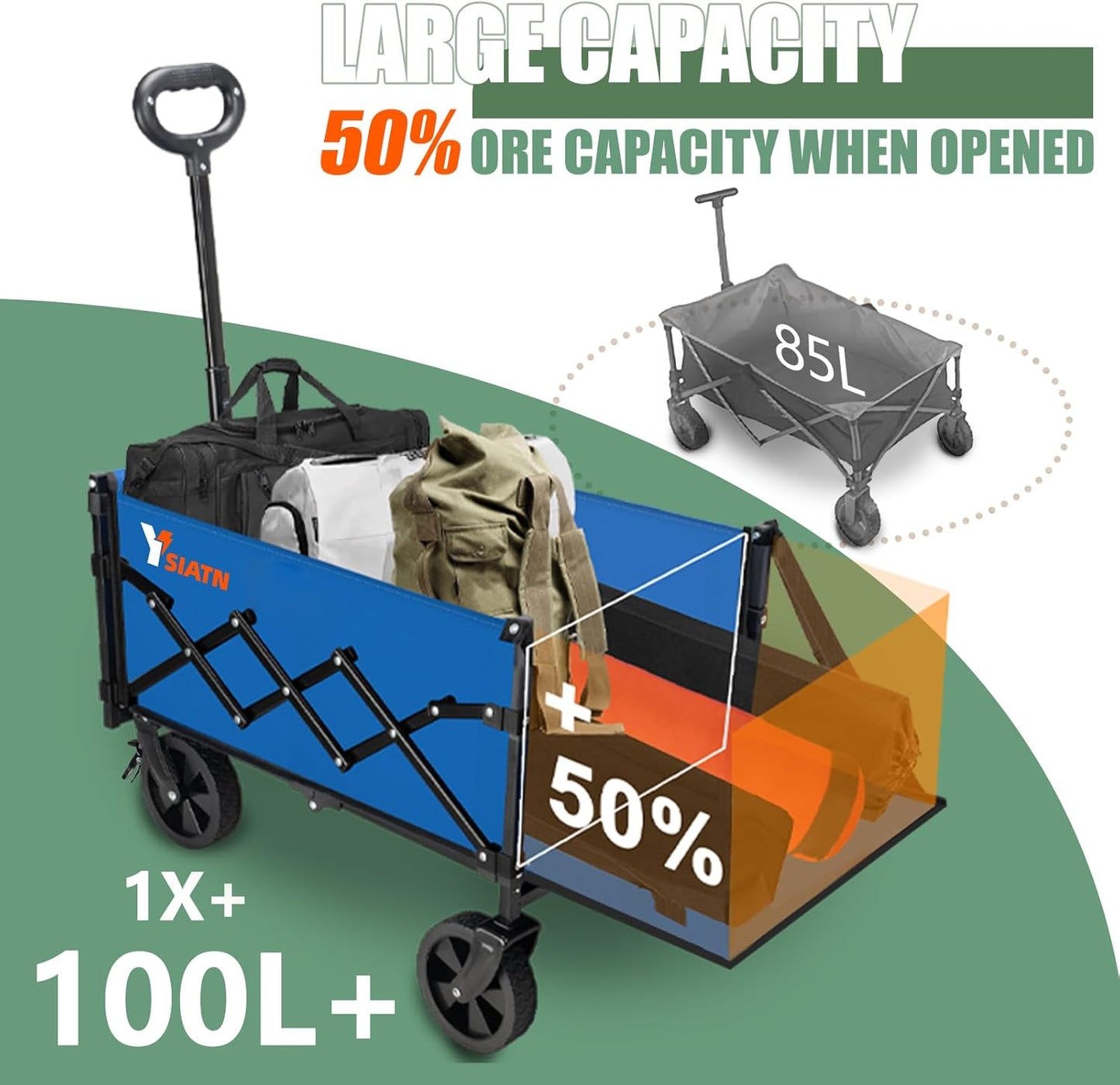 Collapsible Folding Wagon Cart with Tailgate - 300lbs Heavy Duty Foldable Utility Wagon and Brake Wheels - 100L Lightweight Grocery Wagons for Shopping Camping Sports Garden, Blue