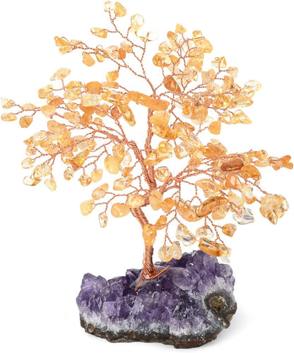 Natural Citrine Crystal Tree Amethyst Geode Base,Chakra Balancing Feng Shui Bonsai Money Tree Positive Energy Home Decor for Luck and Wealth 5.5"-6.3"