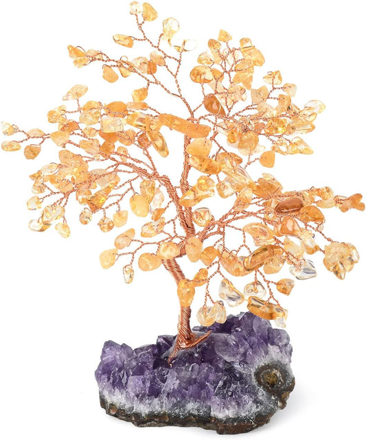 Natural Citrine Crystal Tree Amethyst Geode Base,Chakra Balancing Feng Shui Bonsai Money Tree Positive Energy Home Decor for Luck and Wealth 5.5"-6.3"