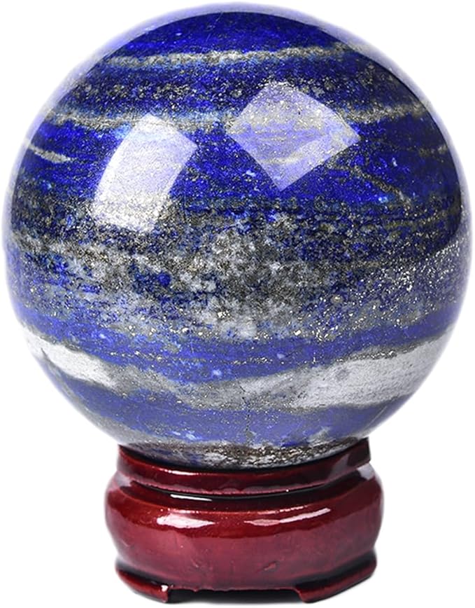 JIC Gem Lapis Lazuli Crystal Sphere with Wooden Stand,Decorative Crystal Ball Blues Gemstone Sphere for Meditation,Feng Shui,Witch-Style Decor,Office Table 70-80mm