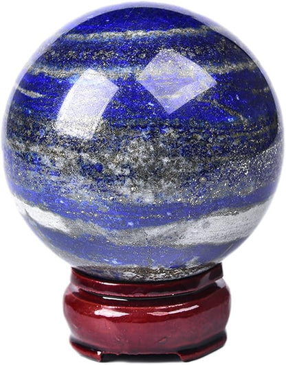 JIC Gem Lapis Lazuli Crystal Sphere with Wooden Stand,Decorative Crystal Ball Blues Gemstone Sphere for Meditation,Feng Shui,Witch-Style Decor,Office Table 70-80mm