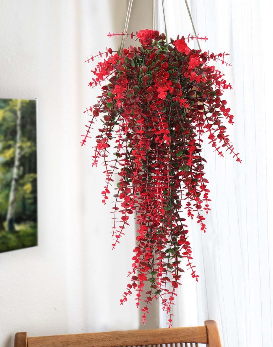 Hanging Artificial Plants Fake Vine Hanging Eucalyptus Leaf Plant Artificial UV Resistant Hanging Green Plant Faux Plants Hanging Wall Decor Outdoor Front Door Yard Garden Porch Decorations(Red)