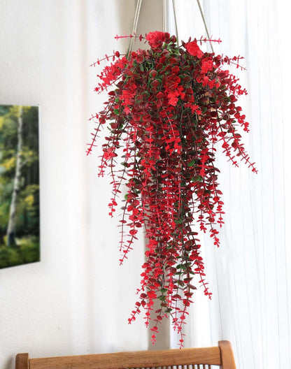 Hanging Artificial Plants Fake Vine Hanging Eucalyptus Leaf Plant Artificial UV Resistant Hanging Green Plant Faux Plants Hanging Wall Decor Outdoor Front Door Yard Garden Porch Decorations(Red)